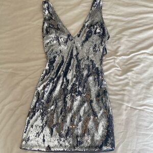 Bebe Silver Sequin Bodycon Mini Dress